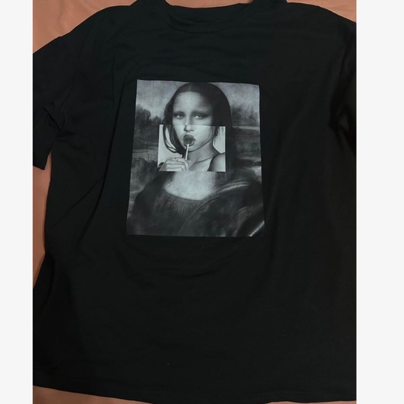 Black Oversized Tee Crewneck Short Sleeve Printed Black White Appliqué Mona Lisa - Picture 7 of 9